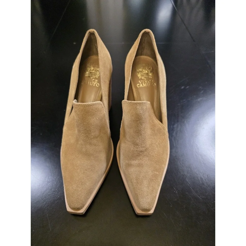 Vince Camuto Wevenly‎ Suede Block Heel Pumps Tan Camel Pointed Toe Womens 7M...